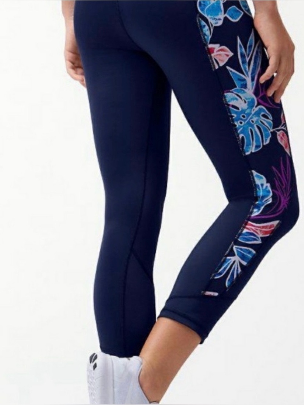 Tommy Bahama Navy Tropical Leaf Side Panels, Cropped Leggings; NWT, Sz. M